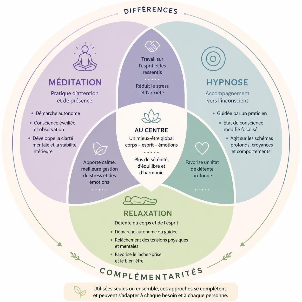 découvrez les différences entre l'hypnose et la relaxation, leurs bienfaits respectifs, et dans quels cas les associer pour améliorer votre bien-être.