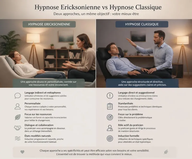 découvrez l'hypnose ericksonienne : son principe, son déroulement et en quoi elle diffère de l'hypnose classique pour mieux comprendre cette approche thérapeutique unique.