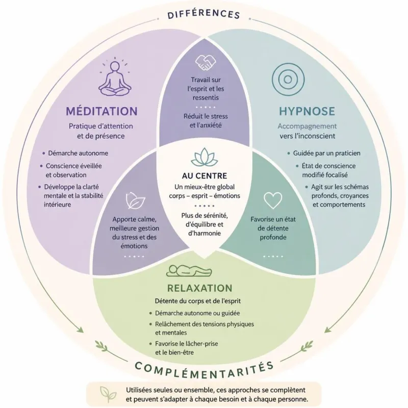 découvrez les différences entre l'hypnose et la relaxation, leurs bienfaits respectifs, et dans quels cas les associer pour améliorer votre bien-être.